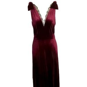 Lucy Paris Red Velvet V-Neck Lace Pleated Midi S